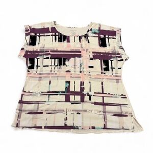 Van Heusen Cream and Purple Abstract Short Sleeve Top
